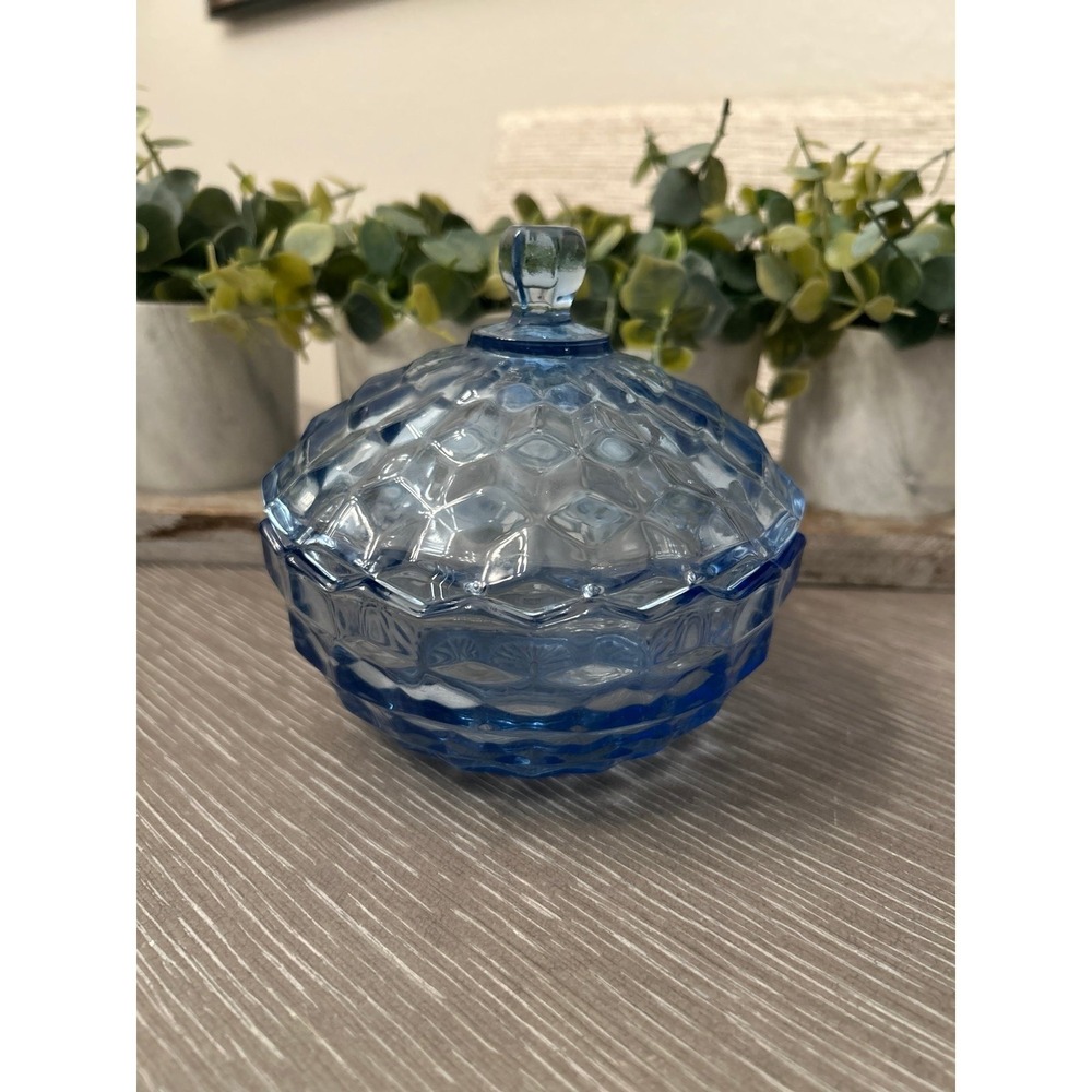 Vintage Fostoria Blue Cubist Glass Candy‎ Dish w/ Lid ~ 5.5"